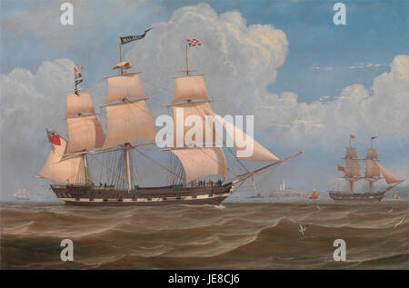 La peinture de William Clark représente le navire marchand anglais « Malabar », un navire utilisé pour le commerce au XIXe siècle. L'œuvre d'art illustre la conception du navire et son importance historique en tant que partie des routes commerciales maritimes britanniques pendant cette période. Banque D'Images