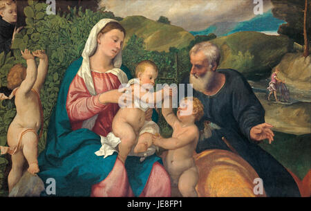 *Repos sur la fuite en Egypte* est une peinture de Bonifazio de' Pitati, représentant la scène biblique de la Sainte famille au repos pendant leur fuite en Egypte. La pièce est remarquable pour son atmosphère sereine et contemplative, capturant le moment de pause dans le voyage. Banque D'Images