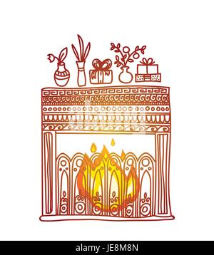 Cheminée, des cadeaux et des fleurs. Cosy et chaleureux de l'élément de conception à la main pour Noël ou Nouvel An carte de vœux. Joyeux Noël et Bonne Année Illustration de Vecteur