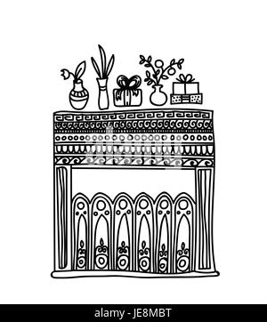 Cheminée, des cadeaux et des fleurs. Les dessins au trait en noir et blanc dessiné à la main chaleureuse et confortable de l'élément de design pour Noël ou Nouvel An carte de vœux. Merry Christm Illustration de Vecteur