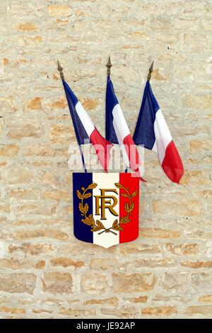 Drapeau français et d'armoiries sur bâtiment en pierres d'Valence France Banque D'Images