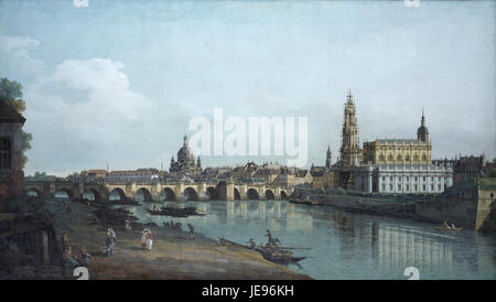 La peinture de Canaletto, « Dresde vue de la rive droite de l'Elbe, sous le pont Augusts », offre une vue détaillée du paysage urbain de Dresde. L'œuvre met en valeur le célèbre pont Augusts et l'Elbe, soulignant la beauté architecturale et naturelle de la ville au XVIIIe siècle. Banque D'Images