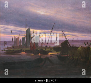 'Schiffe im Hafen am Abend' de Caspar David Friedrich, une peinture à l'huile montrant des navires amarrés dans un port au coucher du soleil. L’œuvre met l’accent sur l’atmosphère calme, la beauté naturelle et l’interaction douce de la lumière et de l’ombre, illustrant l’utilisation magistrale du paysage et de l’humeur par Friedrich. Banque D'Images