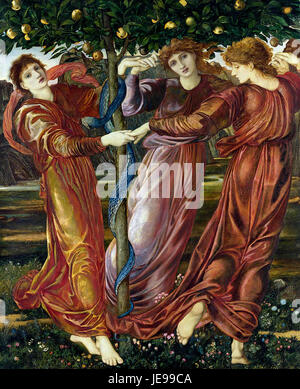 'Garden Hespérides' est une peinture d'Edward Burne-Jones, représentant la scène mythologique du jardin des Hespérides. L'œuvre est connue pour son riche symbolisme et sa représentation détaillée de la mythologie classique et des pommes dorées. Banque D'Images