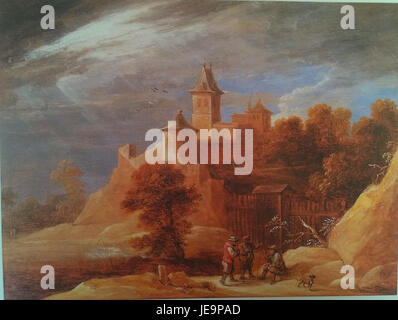 'Paysage avec château' de David Teniers le jeune représente une scène rurale avec un château important en arrière-plan. La peinture reflète le style baroque, mettant l'accent sur le paysage et la beauté architecturale, typique de l'œuvre de Teniers. Banque D'Images