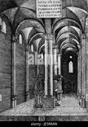 Cette gravure de 1519 d’Albrecht Altdorfer représente l’intérieur de la synagogue de Ratisbonne, mettant en valeur les compétences d’Altdorfer en illustration architecturale et son approche détaillée des structures religieuses pendant la Renaissance. Banque D'Images