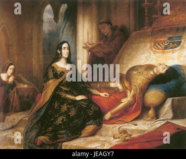 Juana la Loca de Charles de Steuben dépeint la reine tragique d'Espagne, Juana I, souvent connue sous le nom de Juana la folle. La peinture illustre ses luttes émotionnelles et le contexte historique de son règne, reflétant sa santé mentale et les tensions politiques de son époque. Banque D'Images