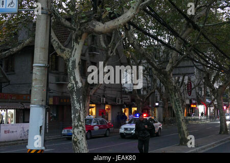 Cette photographie capture Ruijin Road à Shanghai, prise le 17 novembre 2014. L'image met en valeur le paysage urbain de la ville, avec ses rues animées, ses bâtiments commerciaux et son atmosphère dynamique. Banque D'Images