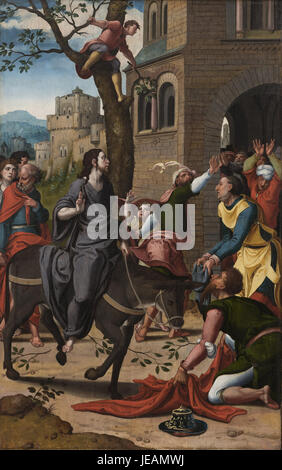 « Entrée dans Jérusalem » de Pieter Coecke van Aelst décrit la scène biblique de l’entrée triomphale de Jésus dans la ville. La peinture capte l’intensité émotionnelle du moment, soulignant la signification religieuse et historique de l’événement. Banque D'Images