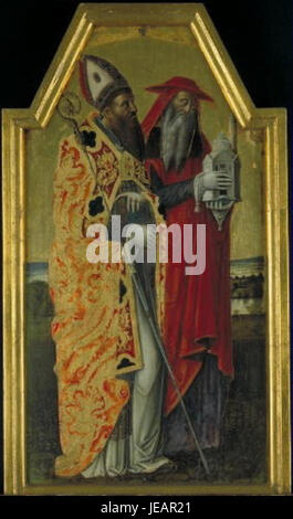 Ce triptyque de Da Quirizio met en vedette la Madone de l'humilité flanquée de nouveaux Augustine et de nouveaux Jérôme. Le panneau central représente la Vierge assise sur le sol, incarnant l'humilité, avec les saints représentés en tenue traditionnelle. L'œuvre illustre l'art religieux de la Renaissance, mettant l'accent sur la piété et les vertus savantes. Banque D'Images