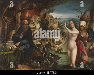 Cette peinture de Pieter Coecke van Aelst dépeint l'histoire biblique de la tentation de M. Antoine. Il dépeint Anthony résistant aux forces démoniaques qui tentent de le conduire à l'écart. La pièce est un bel exemple de l'art de la Renaissance du Nord, illustrant des thèmes religieux et la bataille entre le bien et le mal. Banque D'Images