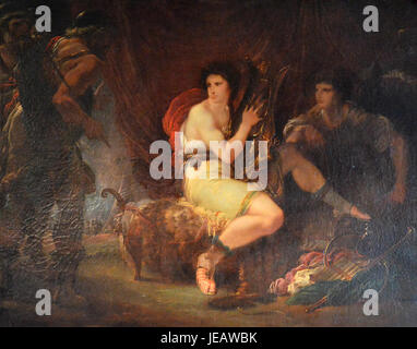 Le tableau de Giuseppe Cades 'Achille, jouant de la lyre sous sa tente avec Patrocle, est surprise par Ulysse et Nestor' illustre une scène de l'Iliade. Achille est représenté jouant de la lyre, tandis que Patroclus et les figures d'Odysseus et de Nestor l'interrompent, incarnant les thèmes de l'héroïsme grec. Banque D'Images