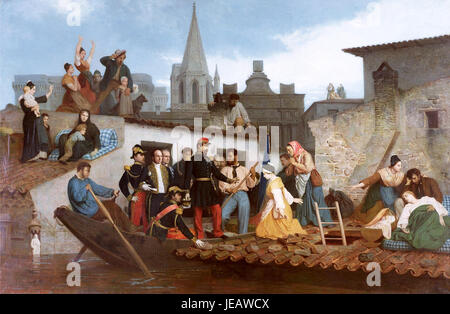 La peinture de William-Adolphe Bouguereau intitulée « Napoléon III visitant les victimes des inondations de Tarascon en juin 1856 » représente l'empereur français offrant de l'aide aux personnes touchées par une inondation dévastatrice à Tarascon, en France. Bouguereau est connu pour son style réaliste et son souci du détail. Banque D'Images