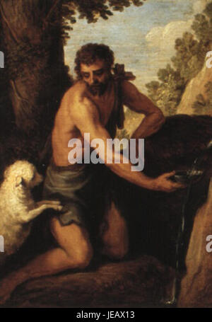 'Saint Jean Baptiste' est une œuvre attribuée à David Teniers, inspirée du style de Palma il Giovane. La peinture dépeint la figure biblique dans un style baroque classique, mettant l'accent sur le jeu de lumière et d'ombre. Banque D'Images