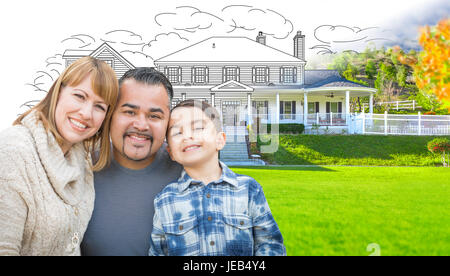 Mixed Race Woman and Caucasian Family en face de gradation de la Chambre le Dessin et photographie Banque D'Images