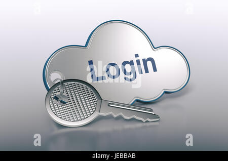 Un nuage avec une clé et texte : login, concept de l'ordinateur, réseau, web (3d render) Banque D'Images