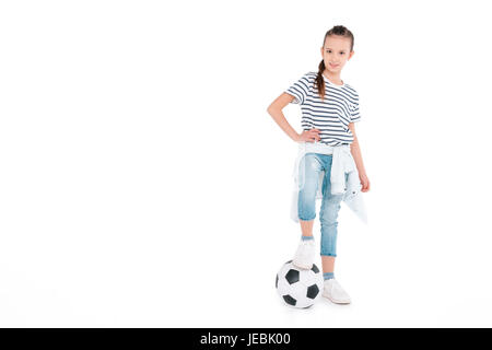 Little girl with soccer ball isolated on white, enfants sport concept Banque D'Images