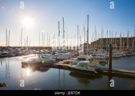 Bien des bateaux amarrés dans Sutton Harbour Marina au coucher du soleil, la barbacane, Plymouth, Devon, Angleterre, Royaume-Uni Banque D'Images