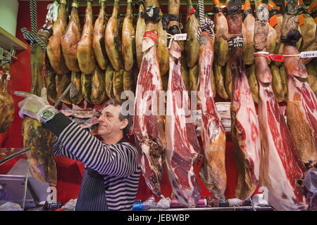 Espagne, Barcelone, Mercat de la Boqueria, produits, jambon, Banque D'Images