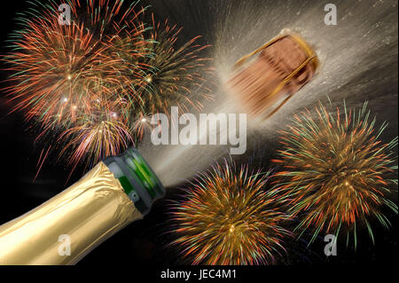 New Year's Eves, bouchons, ceinture, feux d'artifice, Nouvel An, champagne, Nouvel An, fête, Nouvel An, année, kick off, vin mousseux, vin mousseux champagne, fiole jaugée, splash, voler, de promotion, de célébration, de succès, de célébrer, de voler en 2011, en 2012, d'étranglement, Banque D'Images