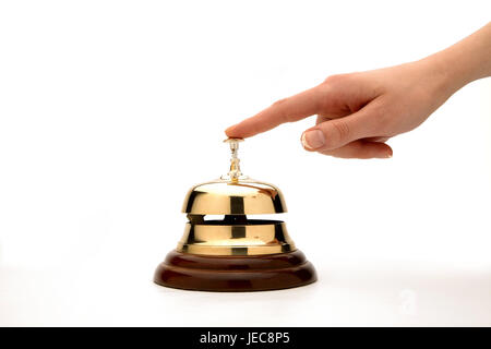 Réception, Bell, la main de la femme, la réception de l'hôtel, la réception du client, Bell, Bell, Bell service, Golden, anneau, bague, bouton, l'appareil de signal, signal, signal bell, acoustique, l'attention, de service, de service après-vente, de personnel, de service à l'intérieur, la photographie d'objets, la femme, la plaque de Frei, la main, l'index, Banque D'Images