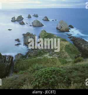 Nouvelle Zélande, île du sud, Catlins, Nugget Point, la bile, la côte du Pacifique, de l'île, dans le Pacifique sud, Côte, côte escarpée, le rock, la nature, sortie, déserte, mer, surf, falaises, phénomène de la nature, la destination, le lieu d'intérêts, d'attraction, destination, tourisme, Banque D'Images