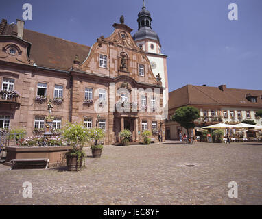 Allemagne, Bade-Wurtemberg, Ettlingen, le marché, l'hôtel de ville, ville, immeuble, façades, maisons, façade, Tour, tour de l'hôtel de ville, square, eh bien, eh bien, le marché Banque D'Images