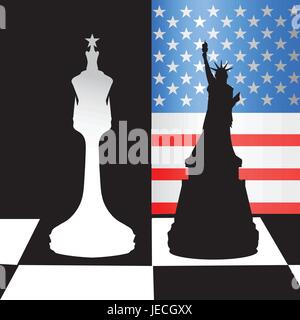 Le concept d'un jeu politique. États-unis et la Russie. Illustration pour votre conception. La stratégie d'échecs. Reine et une statue de la liberté. Illustration de Vecteur