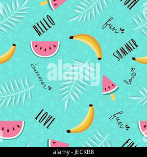 Happy summer seamless pattern design tropical avec melon, banane, la feuille de palmier et de calligraphie précédemment. Vecteur EPS10. Illustration de Vecteur