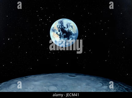 Artwork. La peinture. La masse s'élever au-dessus de l'horizon de la lune. Banque D'Images