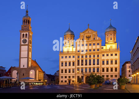 L'hôtel de ville de nuit avec Perlachturm, Augsburg, souabe, Bavière, Allemagne, Banque D'Images