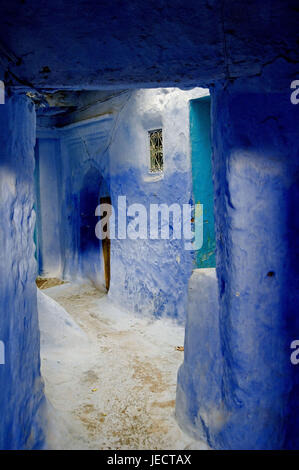 Le Maroc, Chefchaouen, Lane, façade de maison, bleu, porte avant, l'Afrique, maison, édifice, maison mur défensif, muraille, porte, style architectural, tradition, architecture, passage, réglage couleur, déserte, point d'intérêt, Banque D'Images