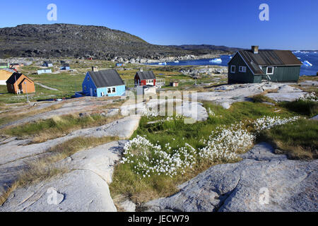 Le Groenland, Soirée Disco Bay, Rodebay, maisons bois, maisons, paysages, l'ouest du Groenland, paysages côtiers, littoral, zones côtières place, bay, rock, la bile, la montagne, l'Arctique, les maisons, l'établissement, village, village Inuit, port, à l'extérieur, les icebergs, Banque D'Images