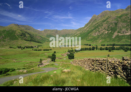 La Grande-Bretagne, l'Angleterre, Cumbria, District de saumure, Elterwater, paysage de montagne, Cumbrian Mountains, mur en pierre, l'Europe, de largeur, de distance, de montagnes, de collines, de prairies, vert, Brook, vue, en milieu rural, à distance, muraille, rue, déserte, Banque D'Images