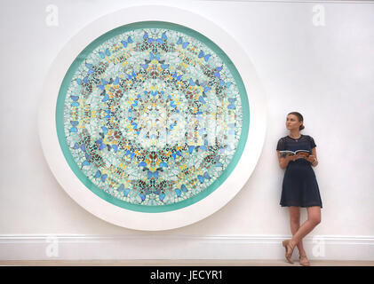 Un visiteur regarde la « contemplation » de Damien Hirst (prix estimé de £700,000 à £900,000) une des œuvres en vente à la Sotheby's Contempory Art Evening sale le 28 juin à Londres. Banque D'Images