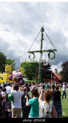 Scandic Infra City village, la Suède. 23 Juin, 2017. Relèvement de l'arbre de mai pendant le songe d'une célébration à Scandic Infra City village de Scandic Infra City, une banlieue au nord de Stockholm. Credit : Jari Juntunen/Alamy Live News Banque D'Images