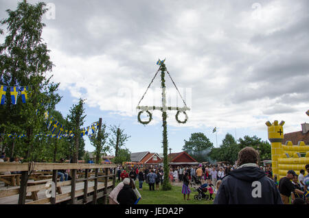 Scandic Infra City village, la Suède. 23 Juin, 2017. Relèvement de l'arbre de mai pendant le songe d'une célébration à Scandic Infra City village de Scandic Infra City, une banlieue au nord de Stockholm. Credit : Jari Juntunen/Alamy Live News Banque D'Images