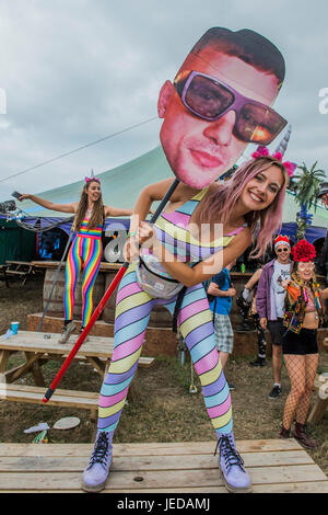 Glastonbury, Somerset, Royaume-Uni. 23 Juin, 2017. Un groupe d'amis a l'image de carton de l'un d'entre eux comme point de ralliement - ils ont utilisé la même image pendant trois ans. Le festival de Glastonbury en 2017, digne ferme. Glastonbury, 23 juin 2017 Crédit : Guy Bell/Alamy Live News Banque D'Images