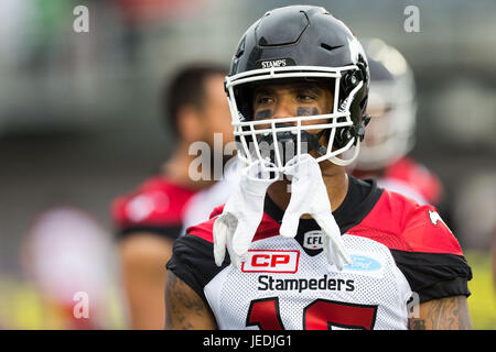 Le double d'heures supplémentaires. 23 Juin, 2017. Stampeders de Calgary slotback Marquay McDaniel (16) avant le match entre l'AFC des Stampeders de Calgary et Ottawa Redblacks à TD Place Stadium à Ottawa, Canada. Les chercheurs d'or et liée à Redblacks 31-31 double des heures supplémentaires. Daniel Lea/CSM/Alamy Live News Banque D'Images