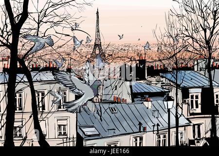 Montmartre à Paris avec la tour eiffel - vector illustration Illustration de Vecteur