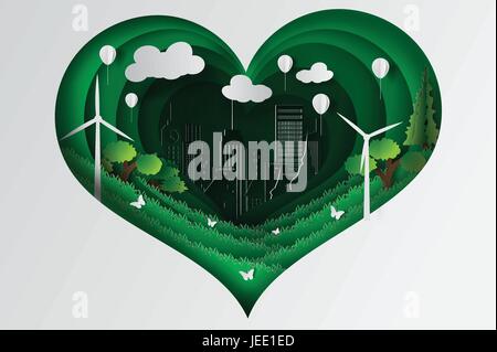 L'art du papier commercial de coeur de ville verte avec ecology concept idée,vector Illustration de Vecteur