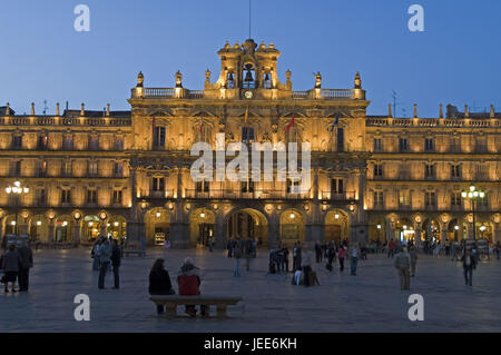 Soir, à l'hôtel de ville, la Plaza Mayor, centre-ville, Salamanque, Castille et Leon, Espagne, Banque D'Images