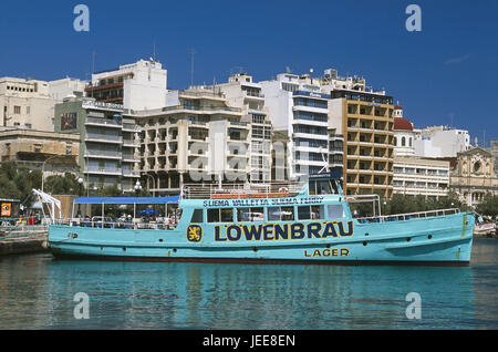 Île de Malte, Sliema, bay Sliema Creek, Port, promenade, de passagers, de la bière Löwenbräu 'publicité', pas de communication, îles de Malte, île de la Méditerranée, Côte, ville, port, promenade, banque, promenade, embarcadère, navire, bateau, publicité, marque de bière, turquoise, boot, bateau d'excursion touristique, preview, aller-retour, port d'excursion en bateau, excursion, tourisme, Banque D'Images