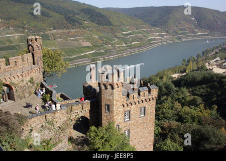 Allemagne, Rhénanie-Palatinat, faible accueil Brook, château Sooneck détail, vallée du Rhin, Hill, parc du château, forteresse, l'architecture, la destination, le lieu d'intérêts, l'été, le tourisme, la personne, le tourisme, Moyen-Âge, le fleuve, le Rhin, de bateau, Banque D'Images