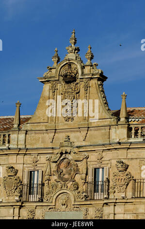 Façade, bâtiment, la Plaza Mayor, centre-ville, Salamanque, Castille et Leon, Espagne, Banque D'Images