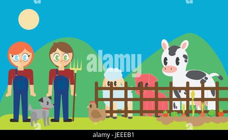 Les agriculteurs avec des animaux à la ferme de volailles Illustration de Vecteur