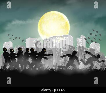 Les droits de l'exécutant de zombie la nuit ville détruite Illustration de Vecteur