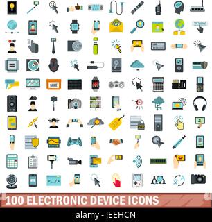 100 dispositif électronique icons set, style plat Illustration de Vecteur