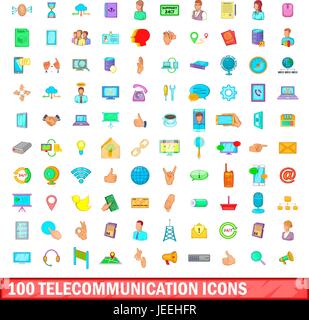 100 icônes de télécommunications défini, cartoon style Illustration de Vecteur
