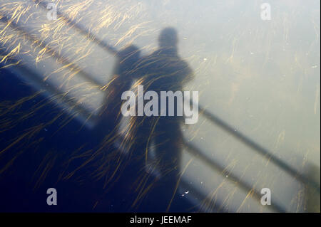 L'ombre d'un homme debout sur un pont dans une rivière dans le Norfolk. Banque D'Images